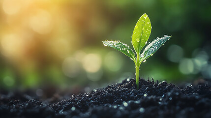 Young green plant sprout with water droplets on its leaves growing in dark soil, illuminated by warm sunlight in background, symbolizing growth and nature vitality