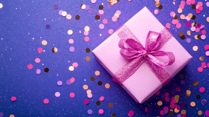 Fototapeta premium Pink and Purple Birthday Gift Flat lay with Glitter Background