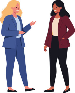 Two diverse professional businesswomen in suits having a friendly conversation and smiling.