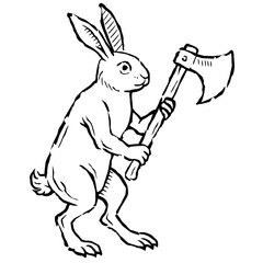 Hand drawn engraving style rabbit holding axe. Vintage medieval heraldic animal illustration in gothic style, ideal for tattoo design, folklore projects, TTRPG graphics, fantasy art.