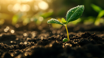 Young green plant sprouting from dark soil with water droplets on leaves, illuminated by warm sunlight, symbolizing growth and new beginnings in nature