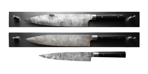 Three  chef's knives,  different sizes,  mounted on dark metal plates.  Unique  veined  pattern on the blades.  Dark  wooden handles