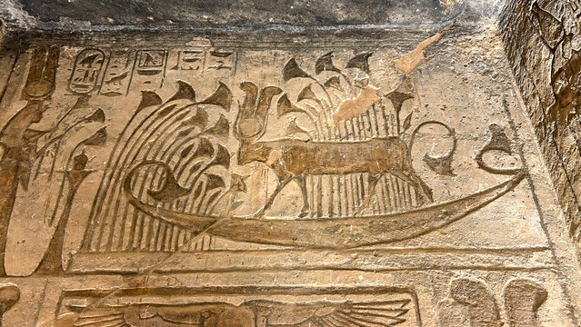Relief of Hathor as sacred cow in solar barque at Abu Simbel, Egypt