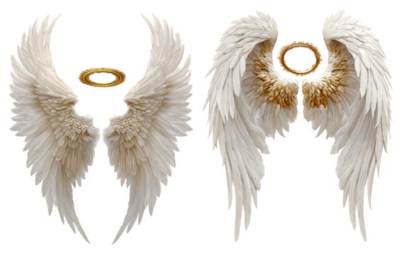 White angel wings with a gold halo on transparent background - Powered by Adobe