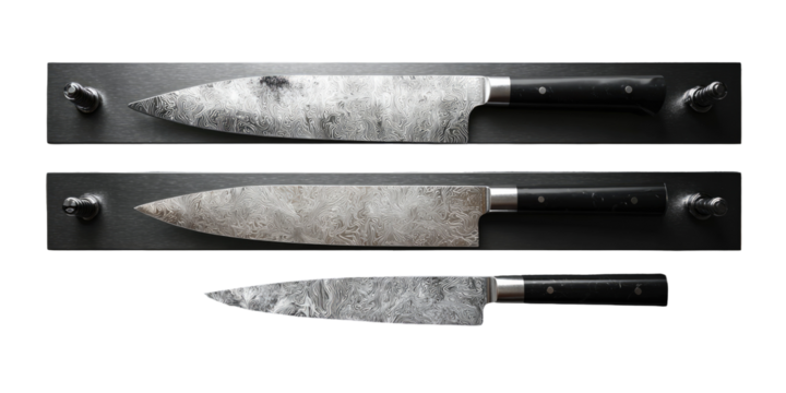 Three  chef's knives,  different sizes,  mounted on dark metal plates.  Unique  veined  pattern on the blades.  Dark  wooden handles