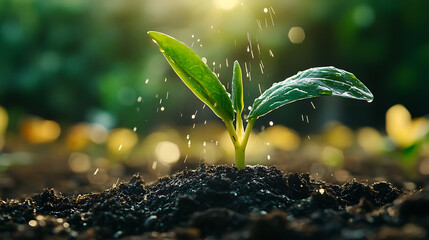 Young plant sprouting from soil with water droplets illuminated by sunlight symbolizing growth and nature vibrant green leaves fresh and healthy close up view natural environment eco friendly