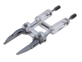 Transparent mechanical device with two gripping arms.  A  pair of  clamping  arms  extend  from  a  clear  central  structure.  Precise  mechanical  parts  visible