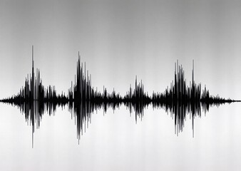 A striking black and white digital representation of sound waves, showing intricate peaks and valleys across a neutral background.