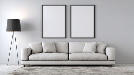 Modern White Couch in Minimalist Living Room with Black Floor Lamp and Empty Picture Frames