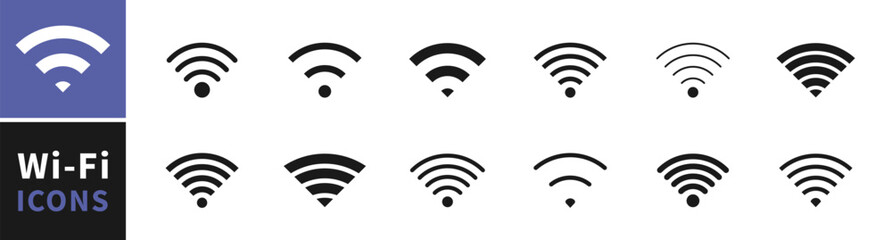 Wi-Fi Icon set symbol. Collection of stock vector images depicting symbols and icons related to wireless Wi-Fi connectivity. Wireless and wifi icon or wi-fi icon sign for remote internet access.