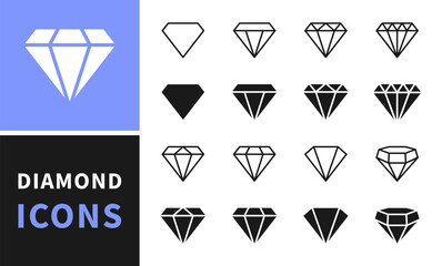 Diamond icon set. Different shapes of diamond cuts. Dimond icon set in flat style. Abstract black diamond collection icons. Gemstone icon set. Diamonds logo design. Vector illustration. EPS 10