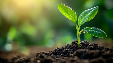 Young green plant with three leaves growing in dark soil, dew drops on leaves, sunlight in background, symbolizing growth and nature, fresh and vibrant scene, close up view