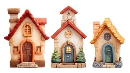 Set of 3 Cartoon Toy Houses Models Isolated for Creative Projects