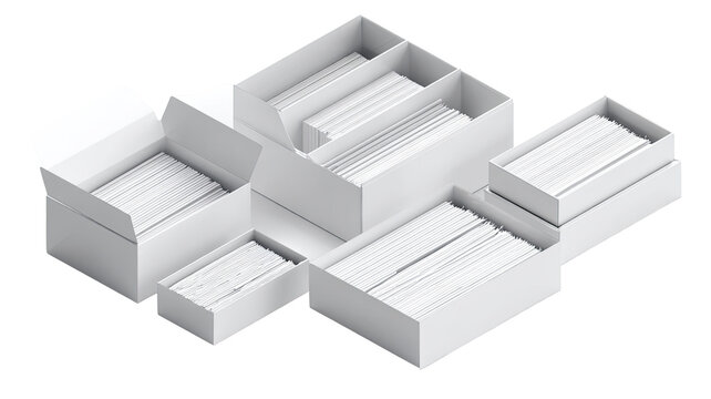 Organized, white boxes, stacked in compartments