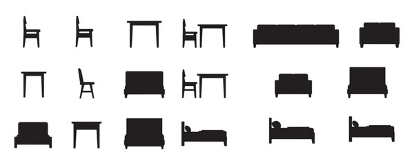 Silhouette vector illustration of CAD style furniture elements including chairs, tables, beds, and sofas shown in top view and side view for interior design and architectural floor plans