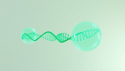 Green dna strand connecting two translucent spheres on a light green gradient background art rendering