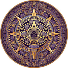 Naklejka premium Golden Maya Calendar Symbol: A mesmerizing, intricate, and ornate gold Maya calendar with ancient artwork, resonating with cultural richness and historical significance.