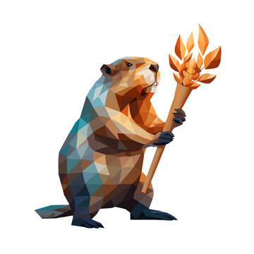 Geometric Beaver Holding Branch: A whimsical geometric illustration features a stout beaver, proudly holding a stylized wooden branch with leaves, exuding an air of playful nature.