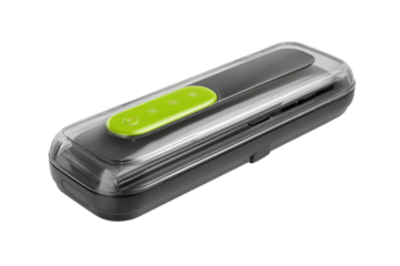 Compact, dark gray device with clear plastic casing and lime green accents
