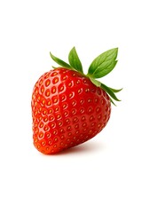 Fresh ripe strawberry with vibrant red color and green leaves on white background
