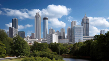 Atlanta skyline under a clear blue sky with soft illumination