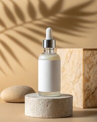 Unbranded serum dropper bottle mockup on minimal beige studio background with copy space