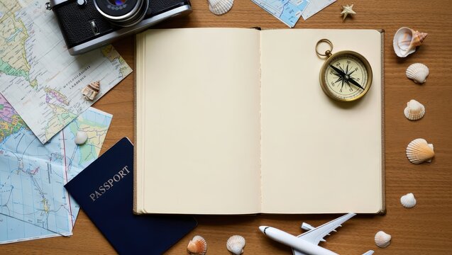 A Traveler's Canvas: An inviting overhead shot of travel essentials artfully arranged, offering a warm invitation to plan your next adventure, with a vintage flair and a touch of discovery.