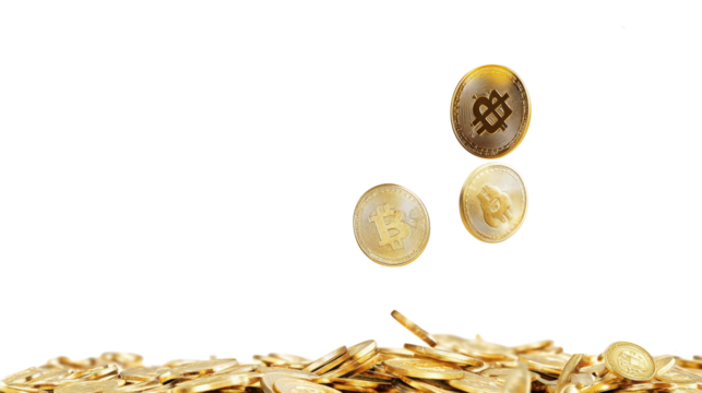 Bitcoin Coins Falling on Pile  isolated on a Transparent or white Background