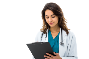 Focused female doctor reviewing chart.