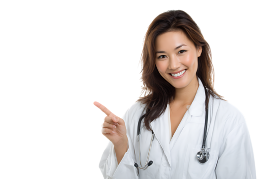 Smiling Asian female doctor points.