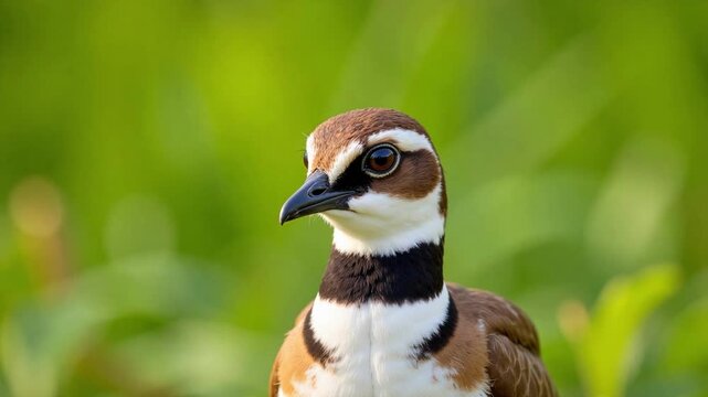 Intimate Killdeer Portrait in 4k Video Soft Green Backdrop a Captivating Bird Close Up with Double Black Bands and Rufous Wing Detail Nature Beauty