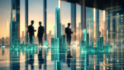 Abstract Glass Cityscape with Reflections and Business People at Golden Hour