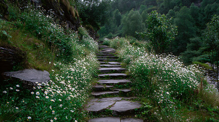 Lush stone pathway surrounded by wildflowers in a serene forest setting during daytime