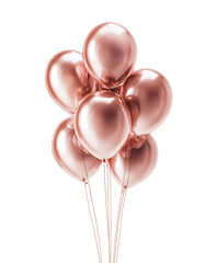 Rose gold balloons float against a black background.
