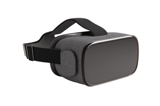 Gray VR headset angled, showing adjustable straps and a dark screen