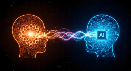 AI and Human Mind: An artistic depiction showcasing the symbiotic link between artificial intelligence and human intellect, with an emphasis on innovation and futuristic concepts. 