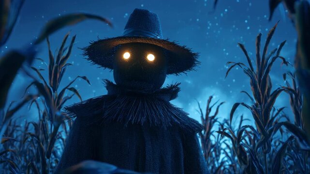 Scarecrow with glowing eyes standing in the pumpkin patch at night, Halloween concept. Digital illustration of scarecrows and cornfields for Halloween celebration design background