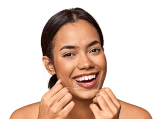 Young Filipino using dental floss, oral care focus