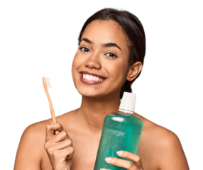 Young Filipino with toothbrush and mouthwash, oral care