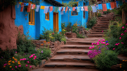 Fototapeta premium Charming Steps, Colorful Houses, Serene Village, Photography, Vibrant Flowers, Captured in Tranquil Environment