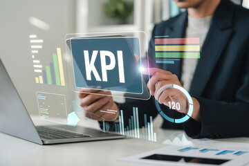 Professional business analytics and data visualization with kpi focus person using technology for strategic decision making and performance measurement
