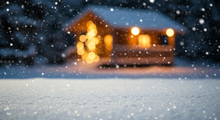 Fototapeta premium Cozy Cabin in Winter Wonderland: Snowfall, Warm Lights, and Festive Atmosphere