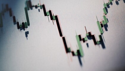A close-up view of a digital screen displaying a financial candlestick chart with green and red bars indicating market trends.