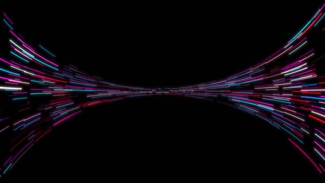 Animation shows glowing colorful lines flowing through dark tunnel-like space. Use of bright neon trails creates futuristic digital environment perfect for sci-fi, technology, or high-speed data. - Powered by Adobe