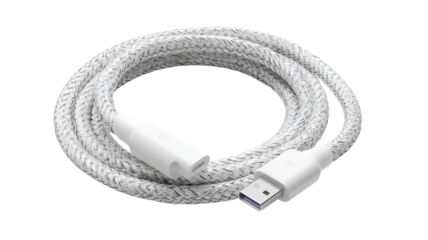 A coiled, white USB charging cable