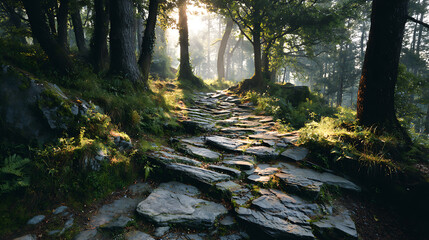 Tranquil forest pathway illuminated by morning light leading through lush greenery and ancient trees