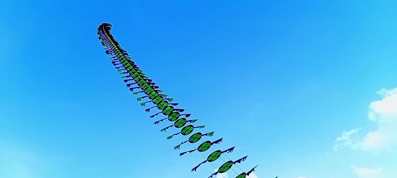 4k Shot video an unique kite resembling a long snake, flying in the countryside in the afternoon, against a bright blue sky, a fun hobby