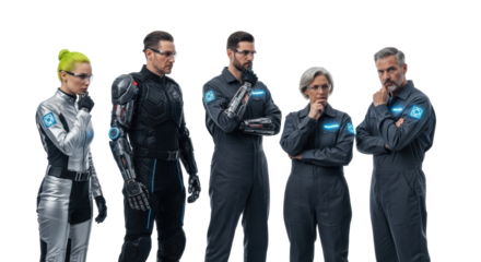 A team of five diverse engineers, including a young woman with neon green hair in silver tech gear & a cybernetic arm, in a white studio, intensely focused, concept of elite innovation