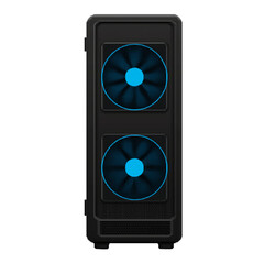 Gaming desktop tower with a mesh front panel and dual fans visible on transparent background