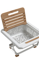 White plastic and light brown bamboo laundry basket with a hinged lid